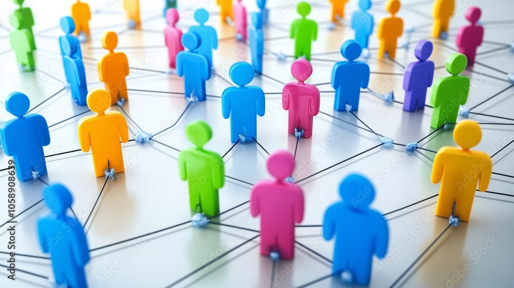 Poster colorful figures connected by lines illustrating social media networks and interactions