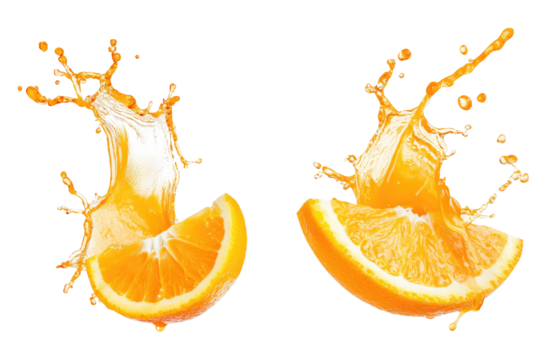 two pieces of orange with splashes of fresh orange juice on transparent background