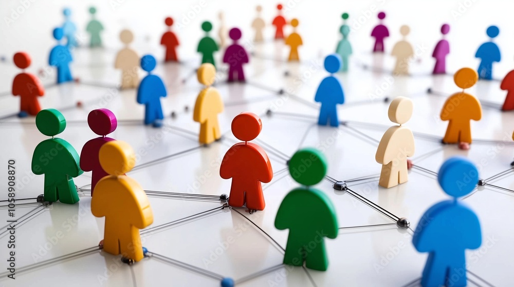 Poster colorful figures connected by lines illustrating social media networks and interactions