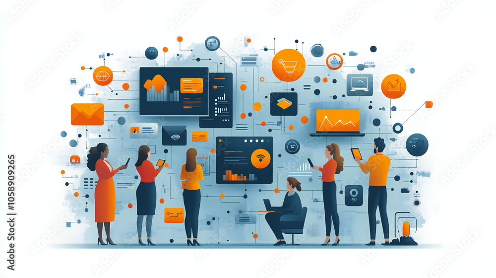 Aufkleber a diverse group of people interact with a digital network of data and information. this illustration