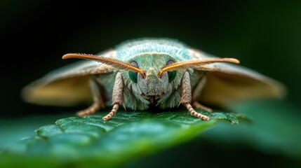 Naklejka premium Macro photograph showcasing a moth resting on a leaf, highlighting its intricate details and vibrant colors in a natural setting with a shallow depth of field.