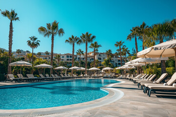 View of tourist vacation in resort hotel with beach chairs under umbrella and clear blue sky, Summer island travel vacation