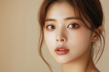 Fototapeta premium A photograph of woman with natural-looking makeup, showcasing her hair in loose waves and bright eyes
