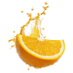 A piece of orange with splashes of fresh orange juice on transparent background