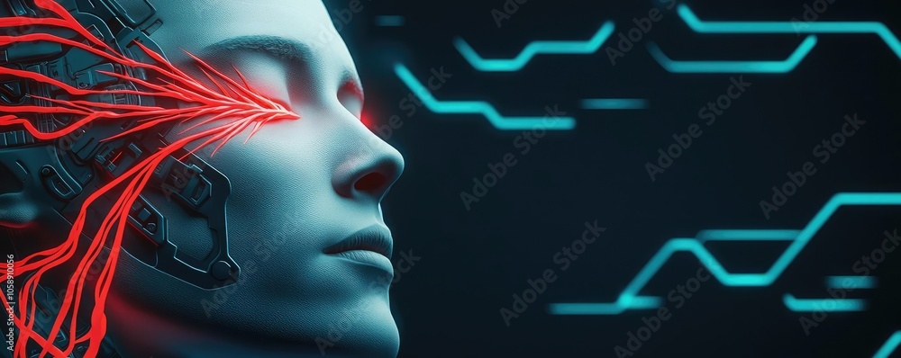 Poster futuristic robotic face with glowing wires and digital patterns, isolated on black background.