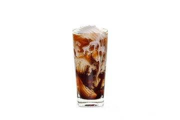Americano ice coffee serving with coconut milk slices put on white background with isolated concept.