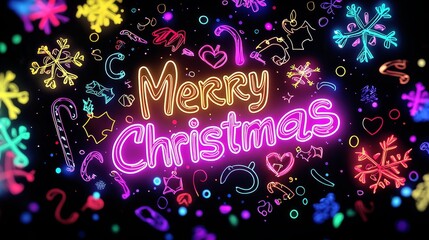 Colorful Neon Merry Christmas Message with Radiant Decorative Elements