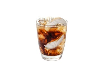 Pictures menu Americano ice coffee serving with coconut milk slices for topping and put on white background with isolated concept.