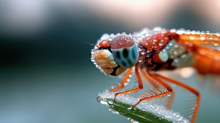 A close-up of a dragonfly resting on a leaf, covered in morning dew, beautifully reflects the intricate details and textures illuminated by the gentle morning light.