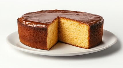 Classic caramel-topped sponge cake on a white plate with a slice removed