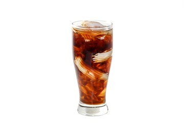 Ready for drink with Americano ice coffee mix with coconut water and serving with coconut slices for topping in white background and isolated beverage concept.