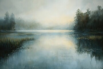 Fototapeta premium A Misty Morning Landscape with a Tranquil Lake and Silhouetted Trees