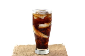 Ready for drink with Americano ice coffee and coconut slices put on sack serving on white background in isolated concept.