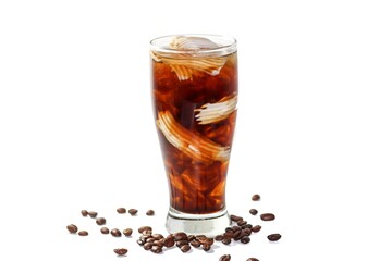 Americano ice coffee mix with coconut water put on white background and coffee beans spread around glass, isolate concept.