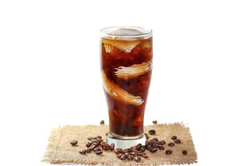 Ready for drink with Americano ice coffee and coconut slices put on sack serving on white background in isolated concept.