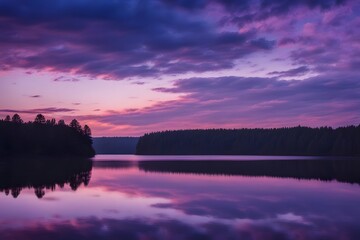 Obraz premium Evening sky with bold purples and blues light from the setting sun reflecting off a calm lake, AI Generated