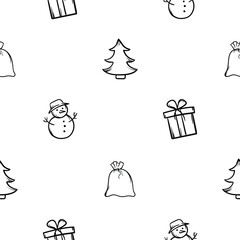 Simple vector black and white hand drawn New Year pattern with snowman, gift, Santa's bag and Christmas tree. Endless holiday background for wrapping paper, decoration, print, banner