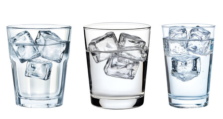 three glasses of very fresh iced water, healthy mineral water on transparent background
