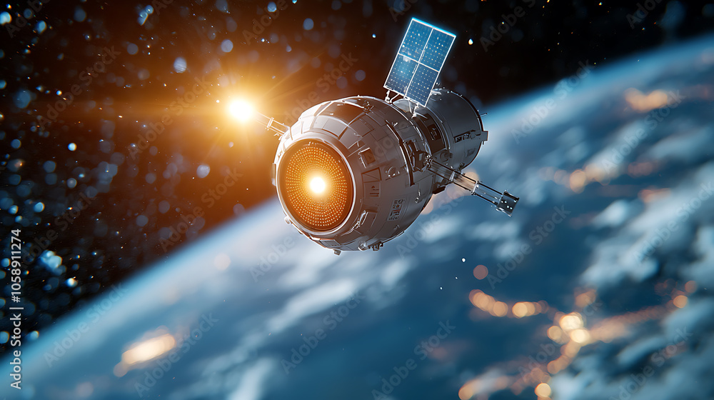 Poster exploring the cosmos a glimpse into earth’s orbit with an advanced satellite in neon holographic dat