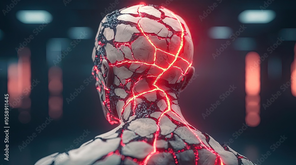 Poster futuristic humanoid figure with glowing cracks, abstract representation, isolated background.
