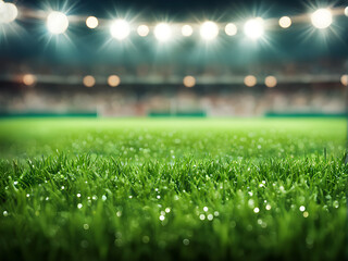 Naklejka premium Football stadium with green grass with bokeh effect and spotlights