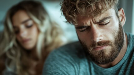 A man with a beard appears lost in thought, embodying deep introspection and contemplation, while a blurred figure in the background adds emotional depth.