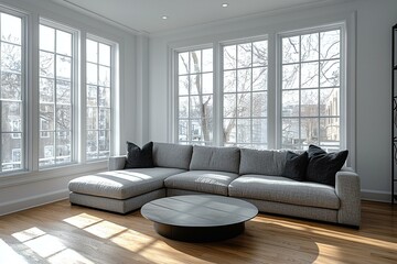 Fototapeta premium A mid century modern interior with white-finished walls and a bright living room with a sofa and table. Generative AI 