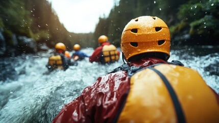 A group of individuals in protective gear and helmets bravely navigate through turbulent river currents as part of an exciting adventure in the wilderness.