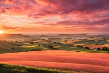 Fototapeta premium Golden pink sunset over a rural landscape with rolling hills sky filled with warm colors, AI Generated