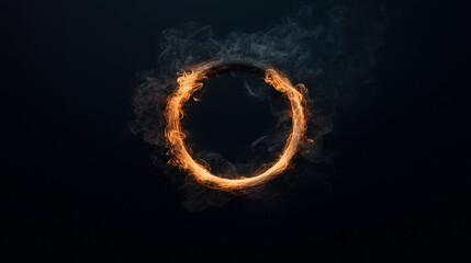 Circular fiery ring with glowing flames and smoke isolated on a dark background, symbolizing energy or portal concept.
