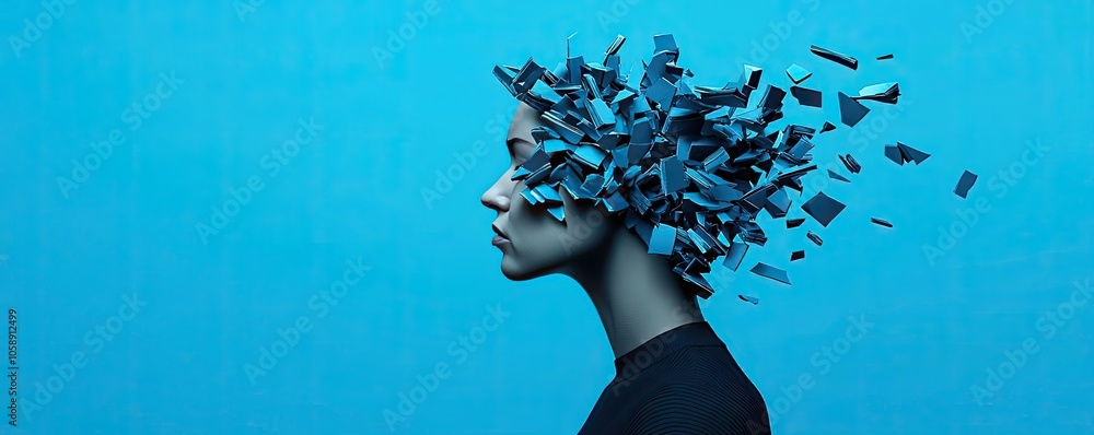 Poster conceptual portrait of a person with a fragmented mind in a blue background.