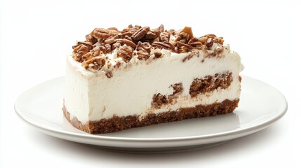 Creamy cheesecake slice with nutty topping on a white plate