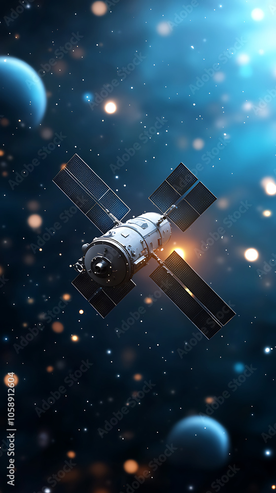 Poster exploring the cosmos a sleek earth orbit satellite capturing holographic data in deep space