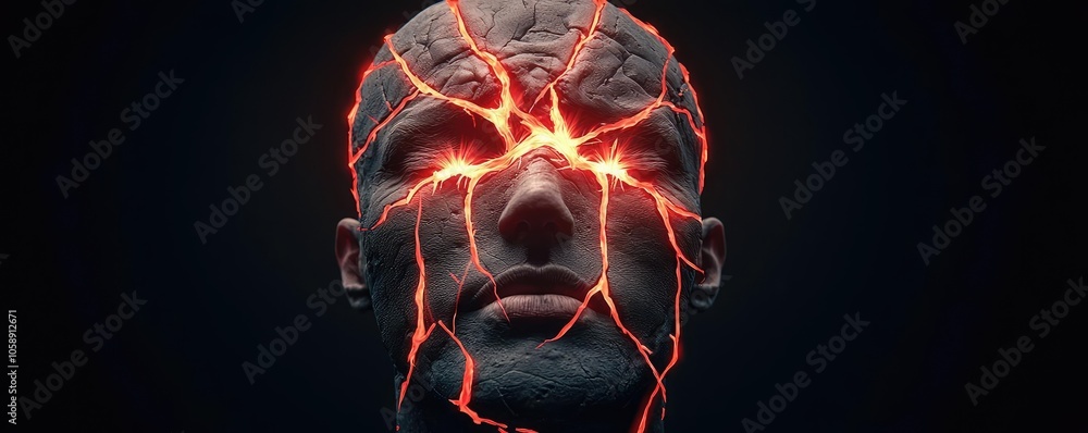Poster abstract representation of a cracked face with glowing eyes in dark background.