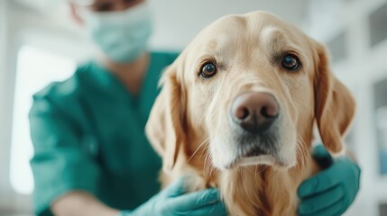 A golden retriever looks on with trustful eyes as a caring veterinarian, masked and gloved, attends to it in a brightly lit vet clinic, imparting care and safety.