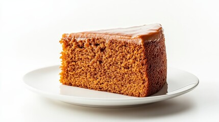 Delicious slice of moist gingerbread cake with buttery glaze on white plate
