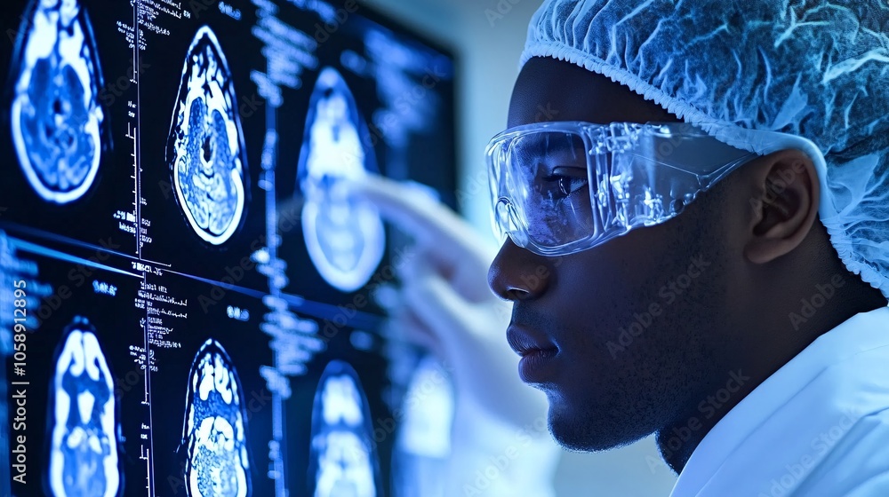Aufkleber Physician pointing out abnormal areas in a brain scan while explaining stroke effects to a young patient with copy space for text