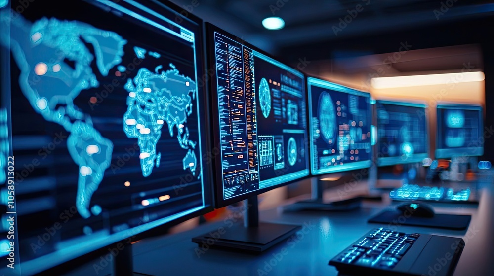 Poster Futuristic workspace with multiple monitors displaying data and analytics.