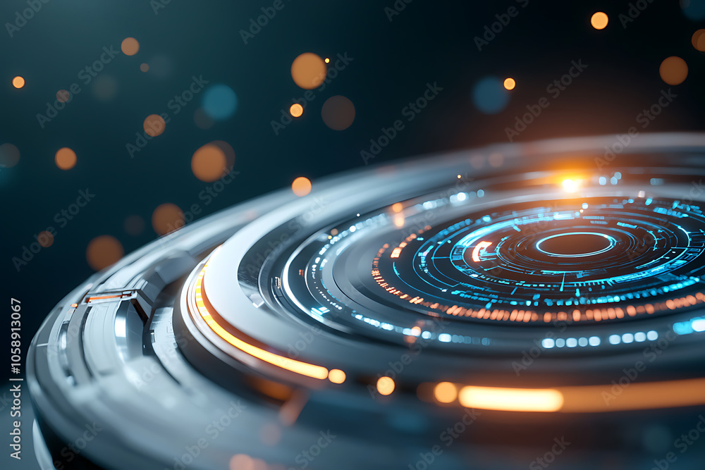 Poster exploring the future holographic data interfaces and satellite technology in orbit