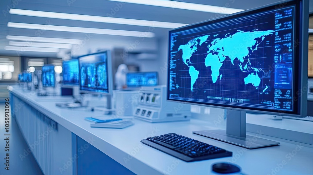 Poster Modern workspace with multiple monitors displaying world maps, blue tones.