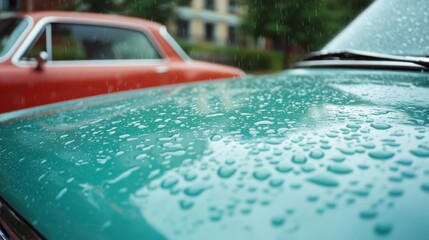 A nostalgic scene of raindrops delicately adorning the hoods of classic cars, setting a melancholic yet beautiful urban mood with a touch of vintage charm.