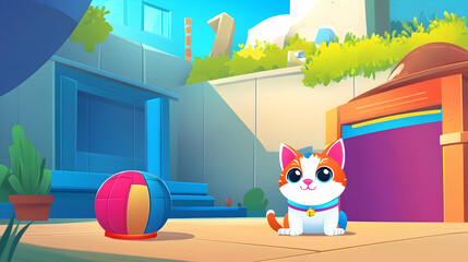 A cute cartoon cat sits in a courtyard with a ball.