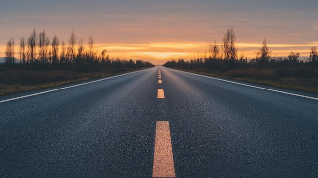Empty road leading into a sunset, with trees lining the sides against a colorful sky.