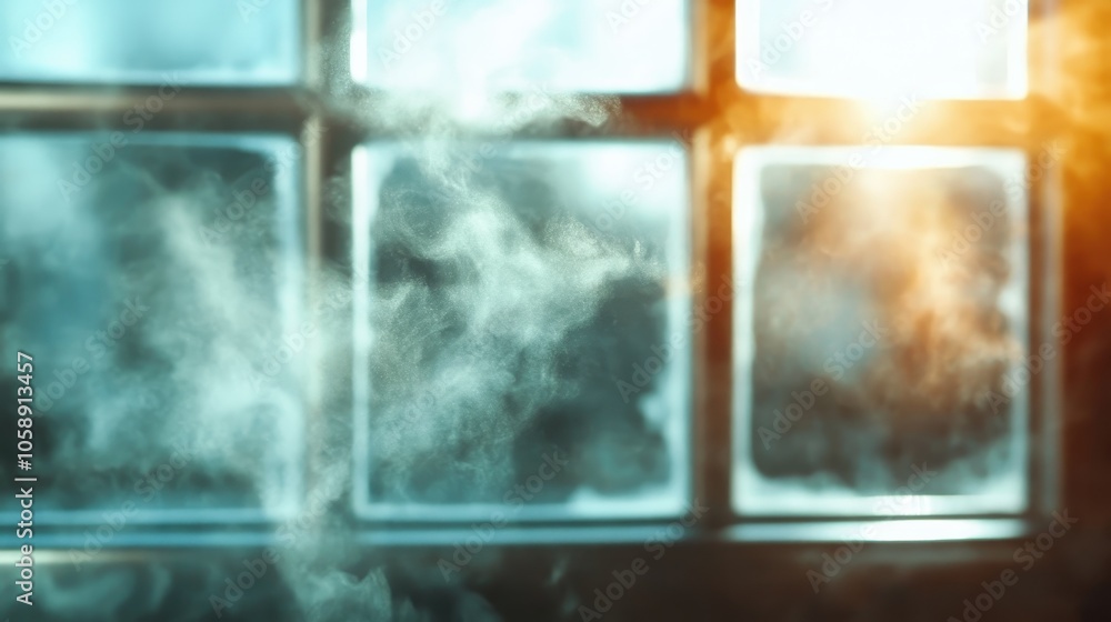 Poster A calming image featuring a window with mist and steam softly illuminated by sunlight, creating a warm ambiance that's both soothing and ethereal in appearance.