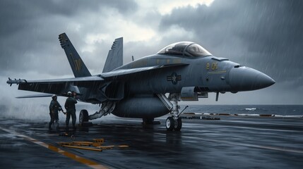 Fighter jet outfitting on aircraft carrier deck under dark clouds with crew members and tools