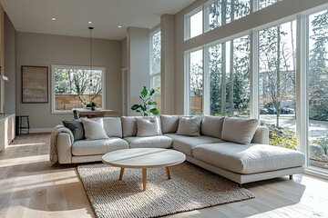 A mid century modern interior with a bright living room with windows visible and sofa and table. Generative AI
