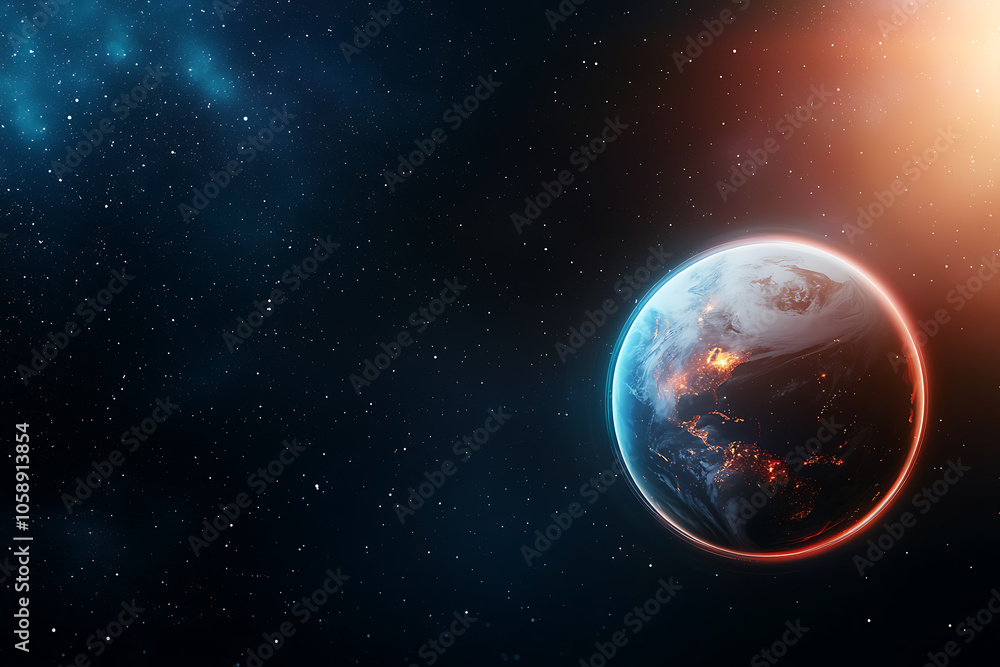 Poster exploring the cosmic connection a high-tech satellite network illuminating earth’s orbit in neon hue