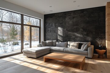 Modern Scandinavian interiors in the living room with black volcanic stone-finished walls and sofas. Generative AI
