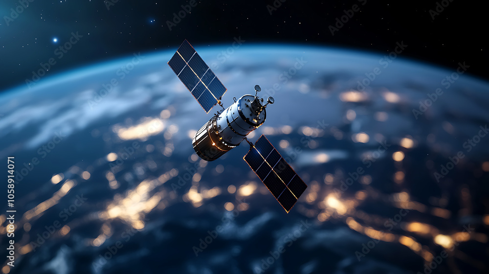 Poster exploring the expansive universe a high-tech satellite orbiting our planet in a neon energy field