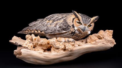 Obraz premium Great Horned Owl Perched on Branch Wildlife Photography Black Background